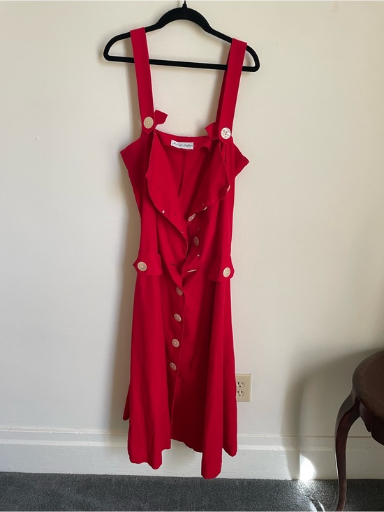jennifer jeffries Dresses & Skirts - Vintage Red Button-Front Midi Dress with Ruffle Detail